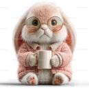 Cute Bunny Wearing Sunglasses and Cozy Pink Sweater Holding Coffee Mug