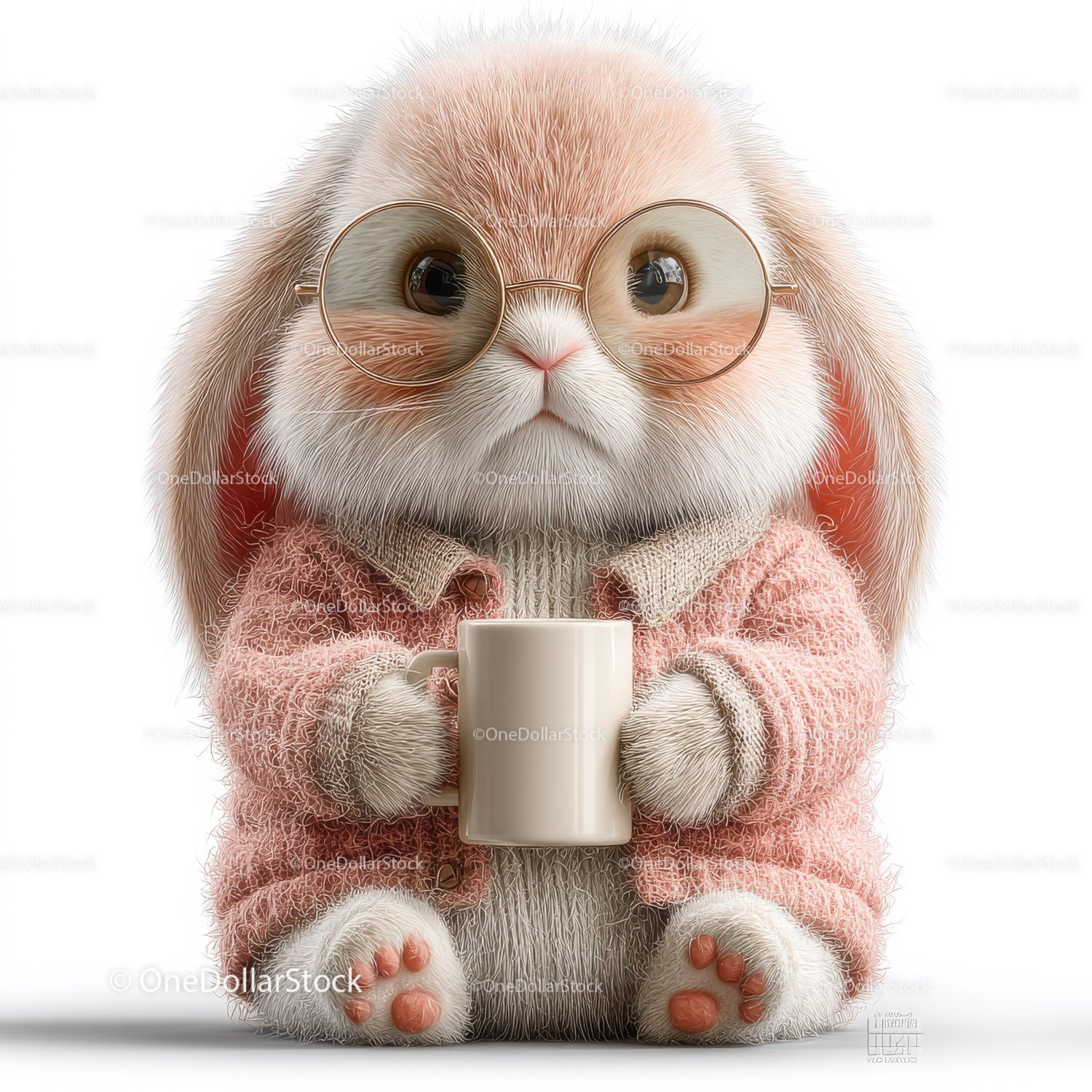 Cute Bunny Wearing Sunglasses and Cozy Pink Sweater Holding Coffee Mug
