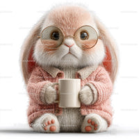 Cute Bunny Wearing Sunglasses and Cozy Pink Sweater Holding Coffee Mug