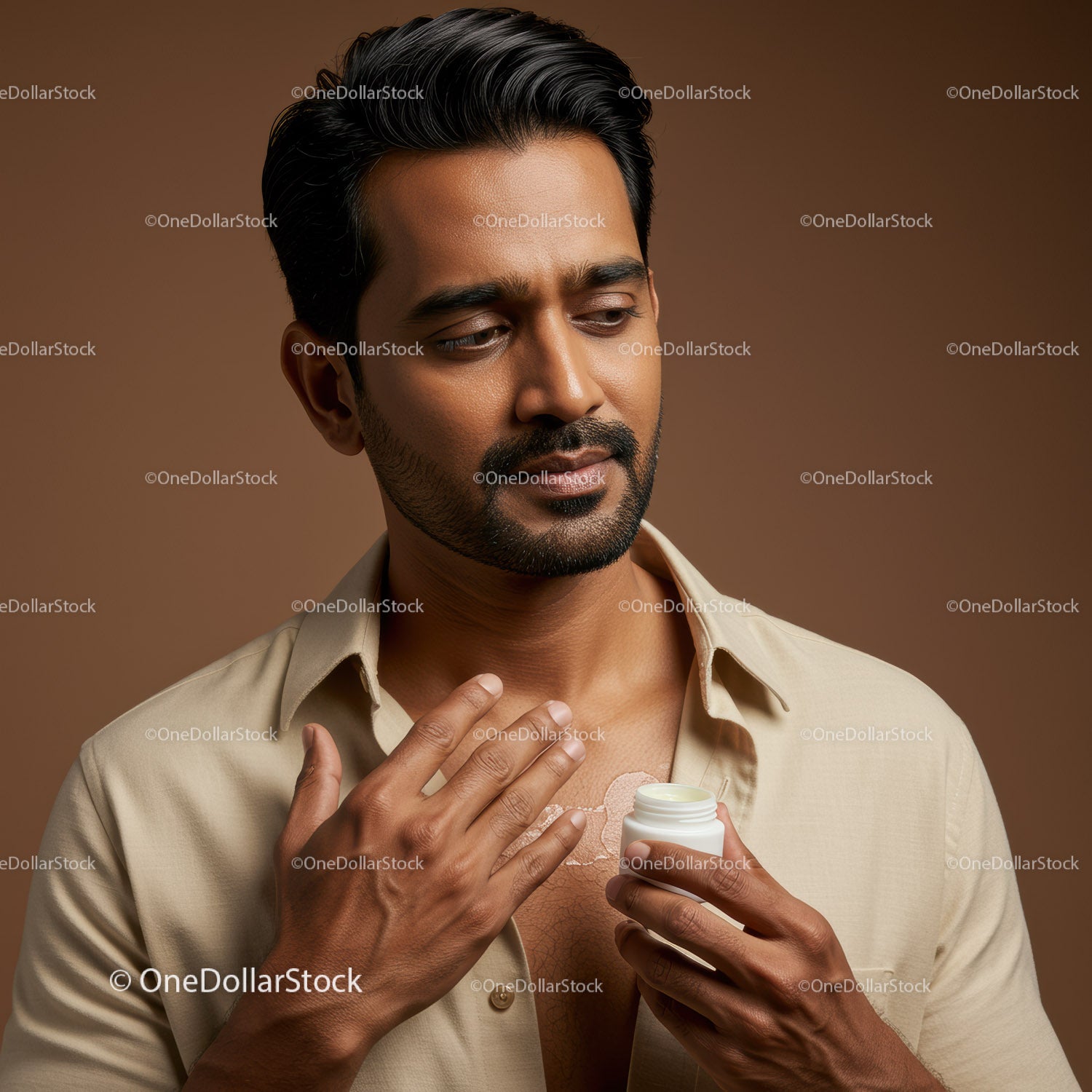 Confident Man Applying Lotion to His Chest for Skincare Routine
