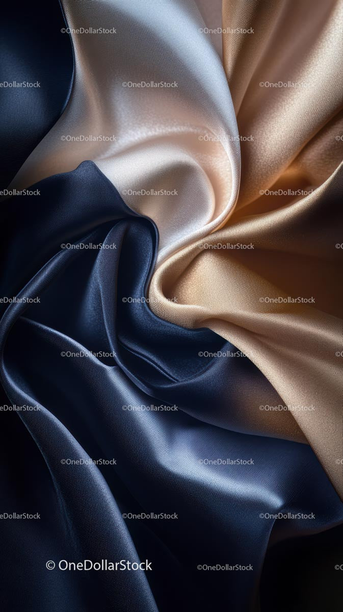 Close-up of Elegant Blue and Beige Satin Silk Fabric