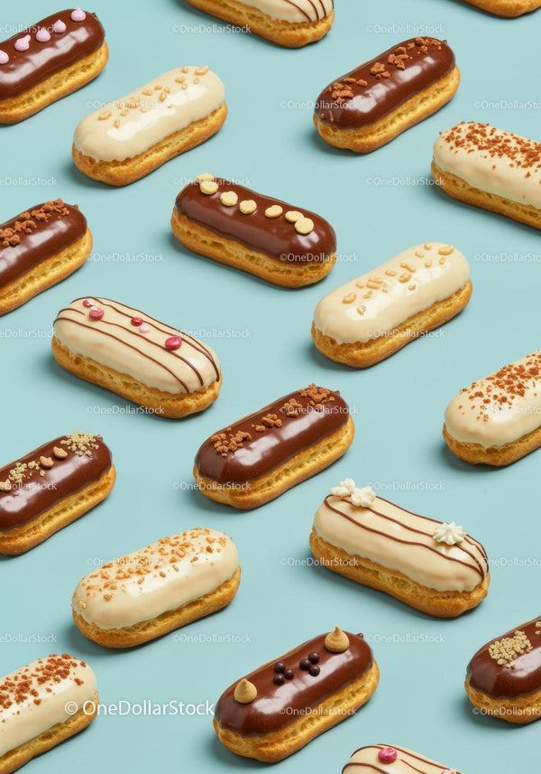 Variety of decorated éclairs on pastel blue background