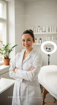 Smiling Female Doctor in White Coat in Modern Medical Clinic