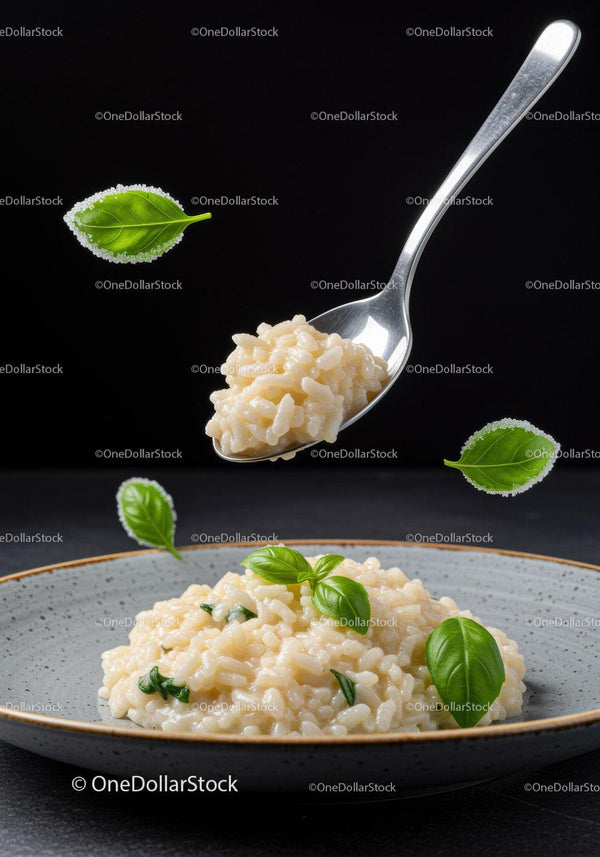 Creamy Risotto with Fresh Basil on Gray Plate