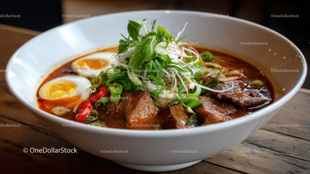 Spicy Beef Ramen with Eggs and Fresh Herbs in a White Bowl