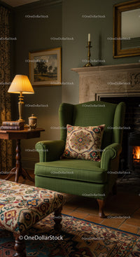 Cozy classic living room with green armchair and fireplace