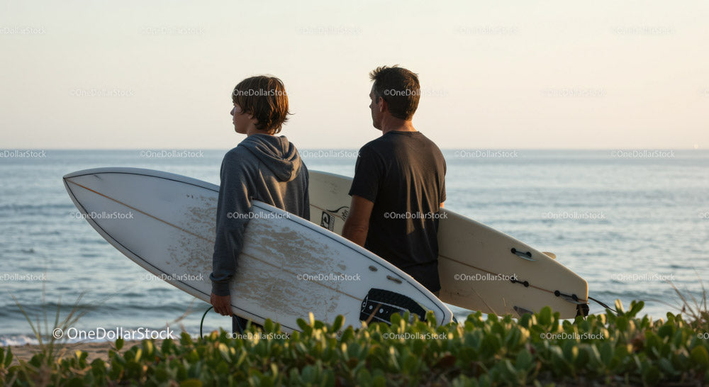 Two Surfers with Surfboards at Beach Ready for Waves
