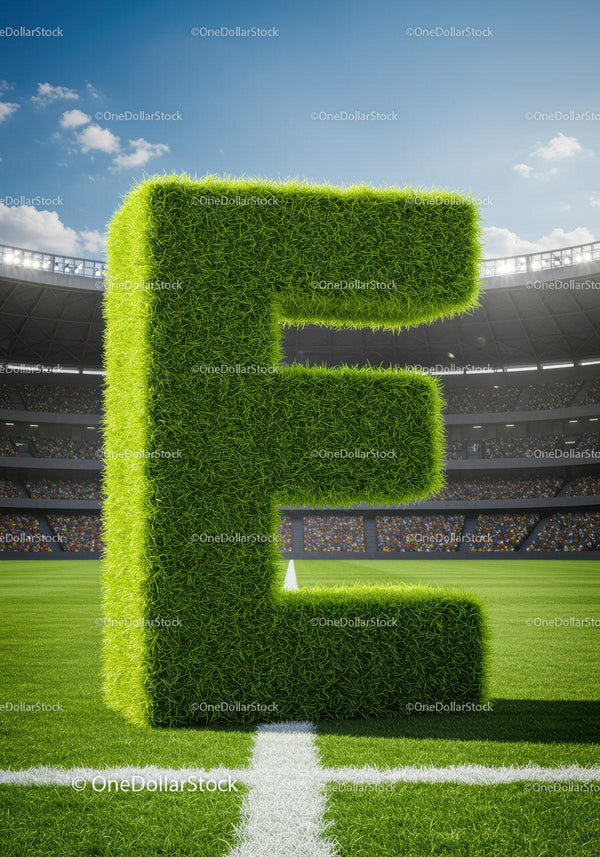 Green grass letter E on the soccer field