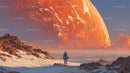 Astronaut Exploring a Surreal Alien Landscape with a Giant Orange Planet