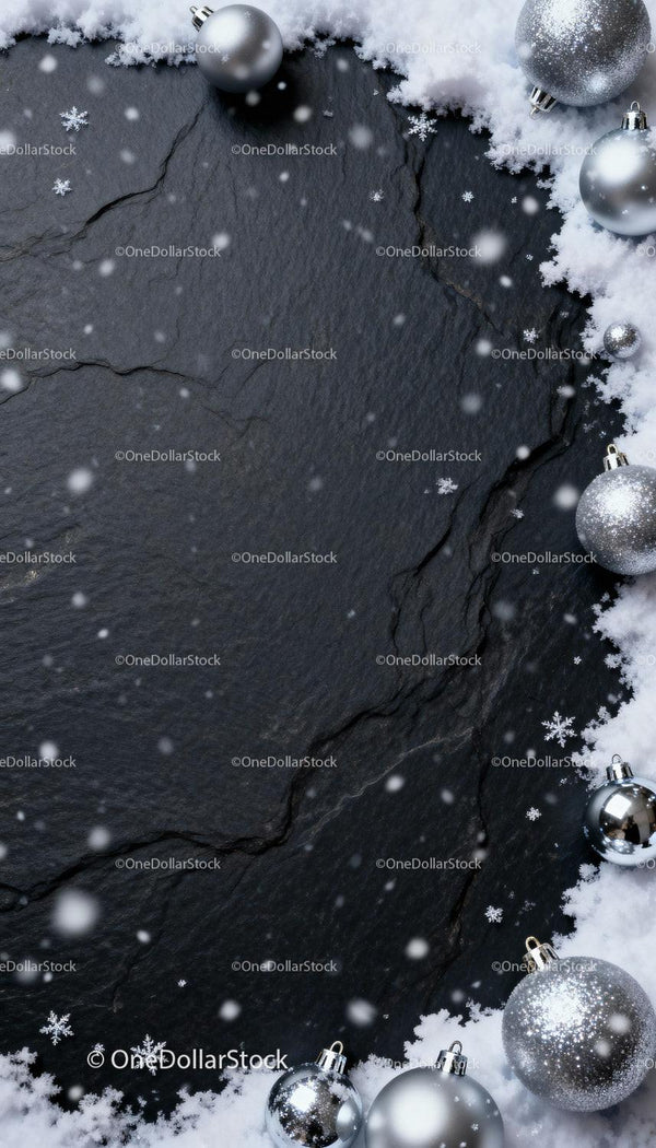 Winter Holiday Silver Ornaments on Dark Slate Background