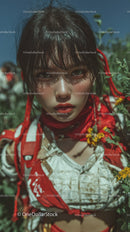 Expressive Young Girl with Red Scarf in Lush Green Nature Scene
