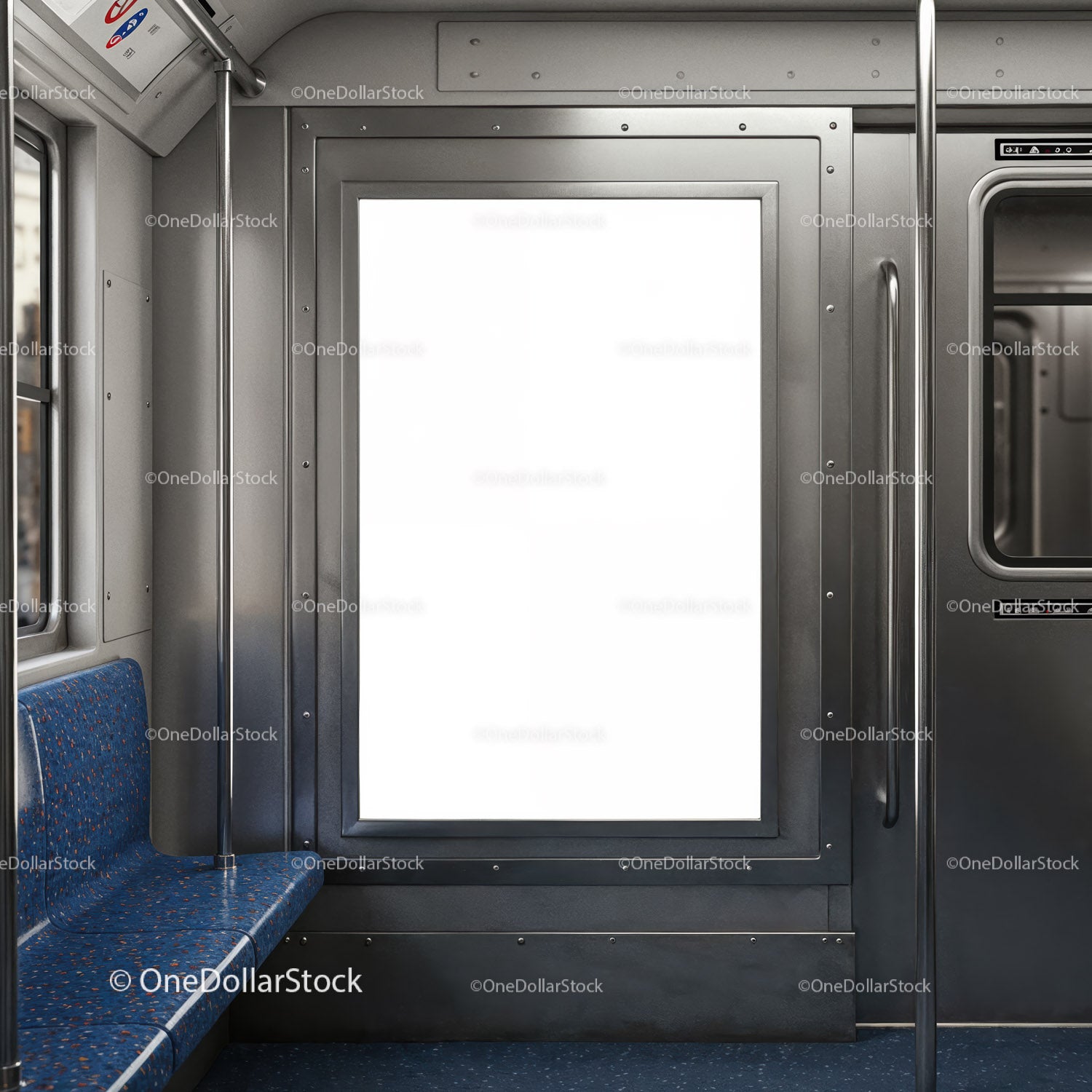 Wnętrze pustego pociągu metra z pustym miejscem na reklamę