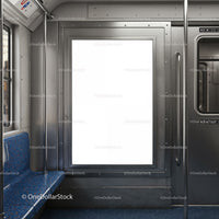 Empty subway train interior with blank advertisement space