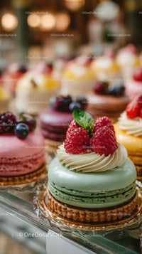 Assorted Macarons with Berries and Mint on Elegant Dessert Display