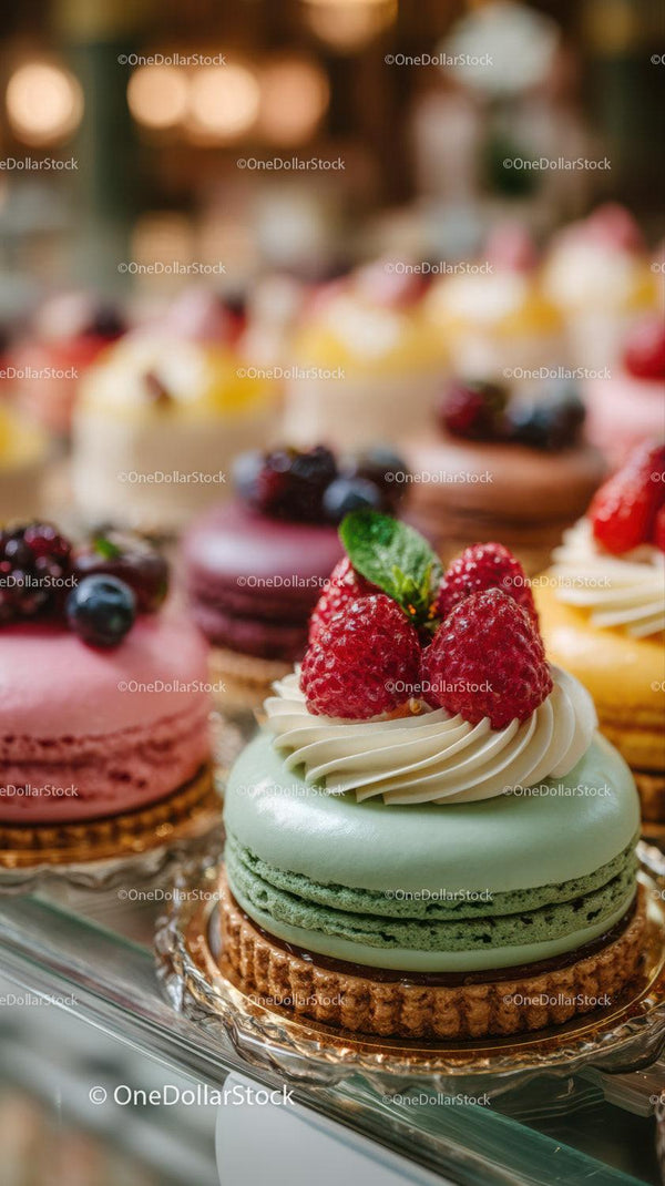 Assorted Macarons with Berries and Mint on Elegant Dessert Display