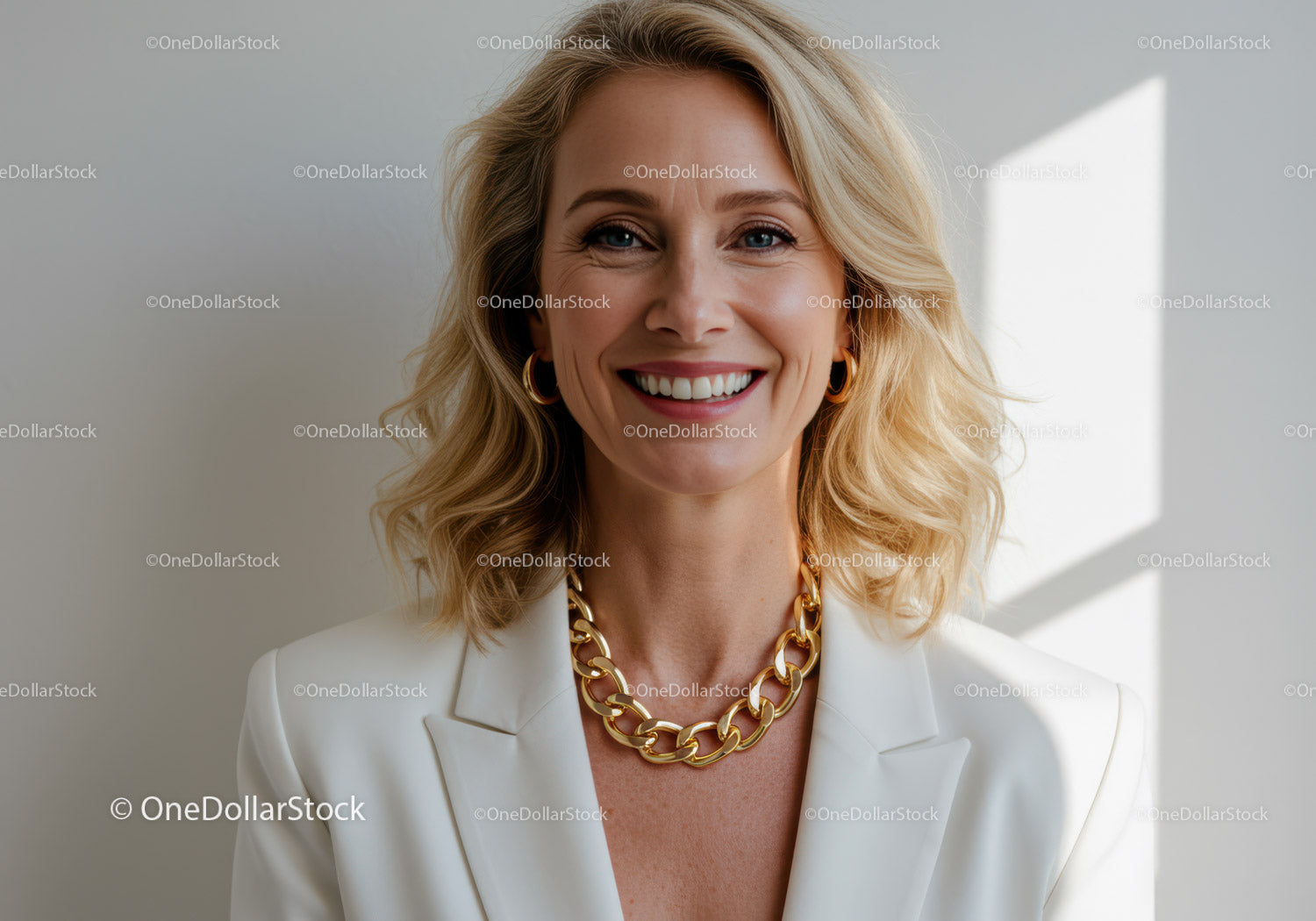 Pewna siebie blondynka uśmiecha się w białym żakiecie ze złotą biżuterią