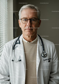 Senior Male Doctor in Medical Coat with Stethoscope in Clinical Setting