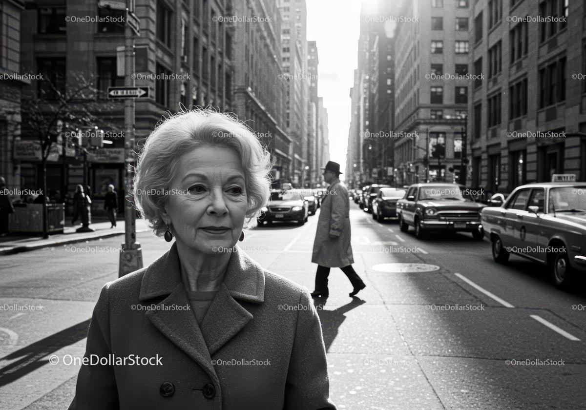 Elderly Woman in Busy City Street Surrounded by Vintage Cars