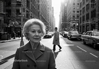 Elderly Woman in Busy City Street Surrounded by Vintage Cars