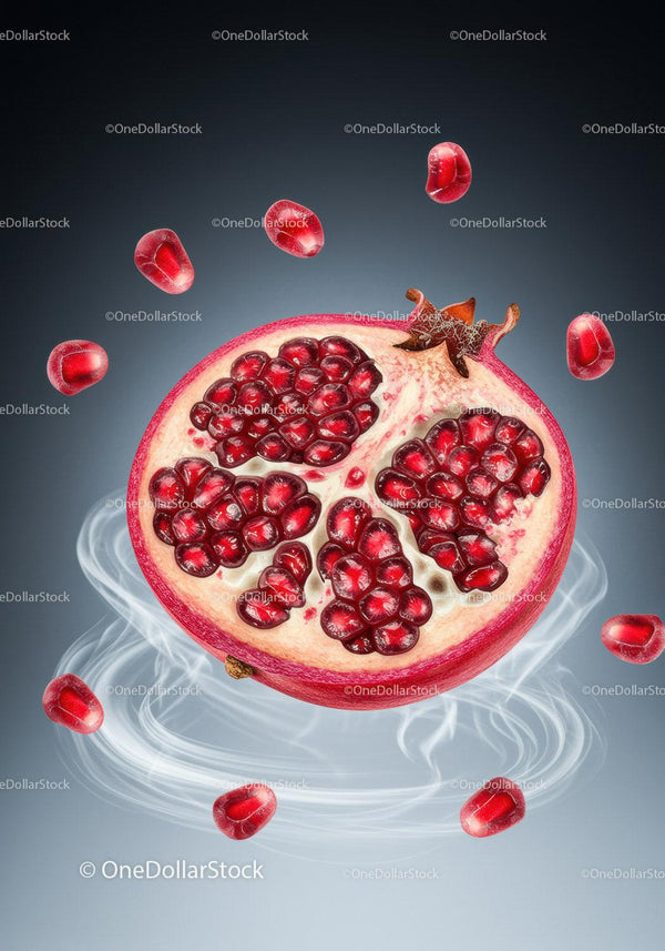 Fresh pomegranate half with flying juicy seeds