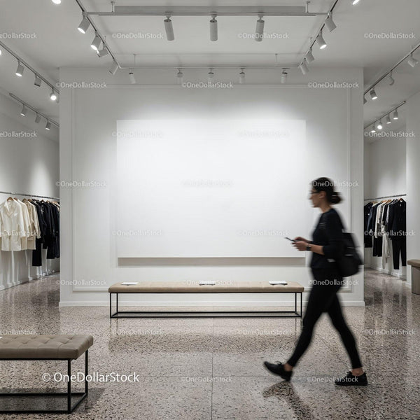 Modern boutique interior with woman walking past display JPG Mockup Image