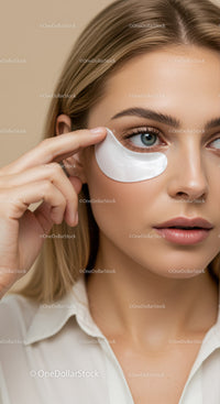 Close-up of a woman applying under eye gel patch for skincare
