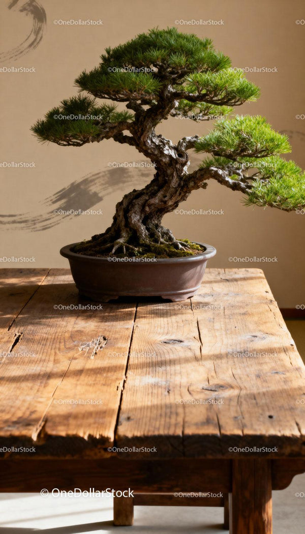 Elegancka bonsai na rustykalnym drewnianym stole w wnętrzu