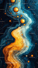 Vibrant Blue and Gold Abstract Fluid Art with Cosmic Pattern