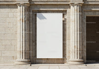 Blank white banner between classical stone columns
