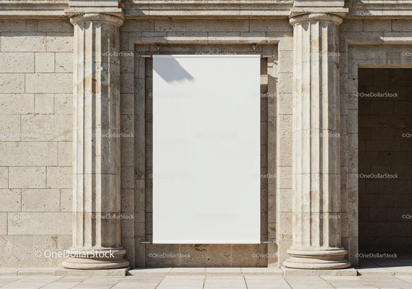 Blank white banner between classical stone columns JPG Mockup Image