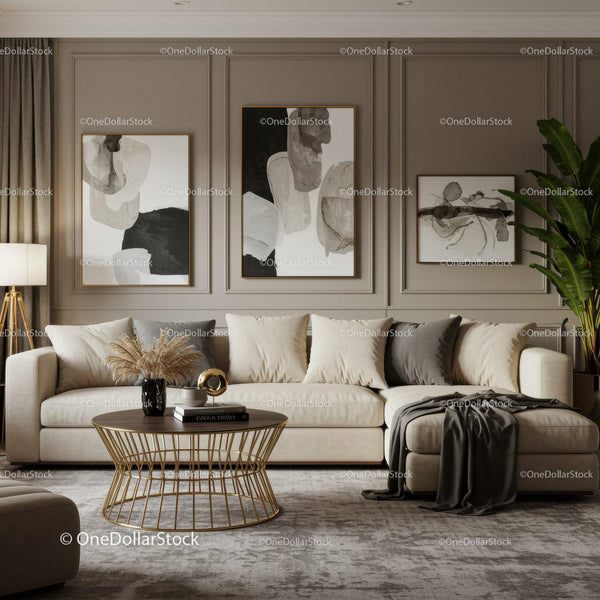 Elegancki salon z nowoczesną sztuką i przytulną sofą