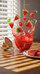 Fresh watermelon splash with ice cubes and mint leaves