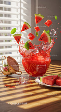 Fresh watermelon splash with ice cubes and mint leaves
