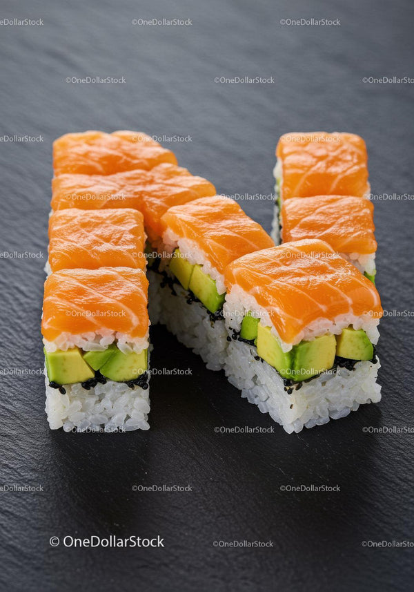 Fresh salmon avocado sushi rolls on dark slate plate