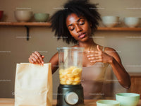 Young Woman Preparing Banana Smoothie in Modern Kitchen