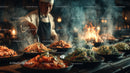 Vibrant Asian Street Food Market with Steaming Dishes