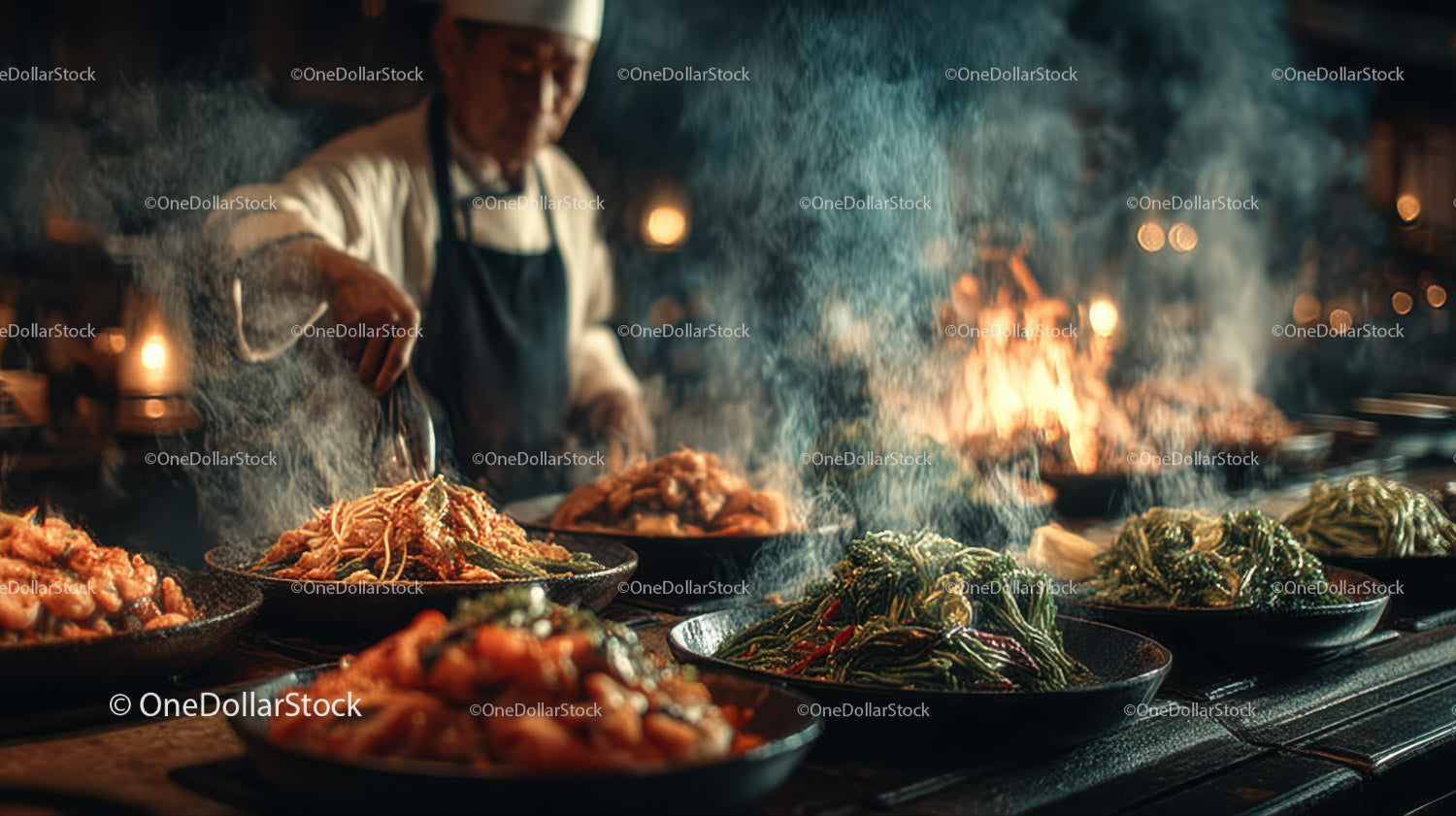 Vibrant Asian Street Food Market with Steaming Dishes