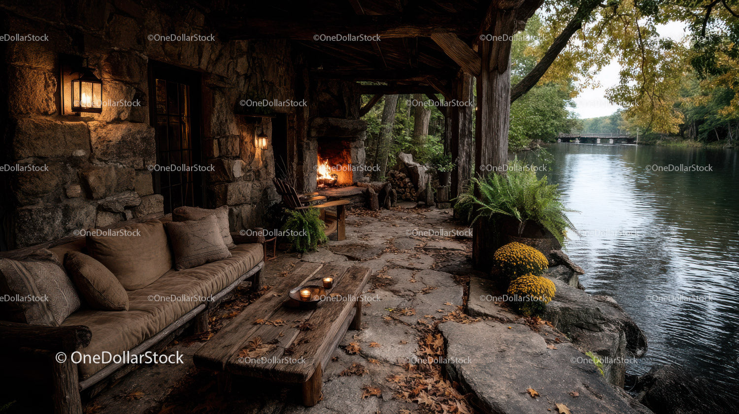 Serene Riverside Outdoor Lounge with Fireplace and Lush Nature