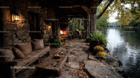 Serene Riverside Outdoor Lounge with Fireplace and Lush Nature
