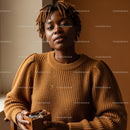 Stylish Woman with Short Dreadlocks in Cozy Brown Sweater in Indoor Scene