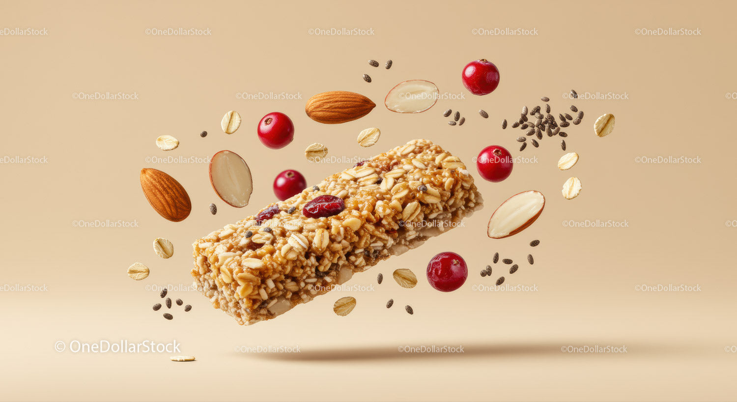Healthy granola bar with almonds and berries floating