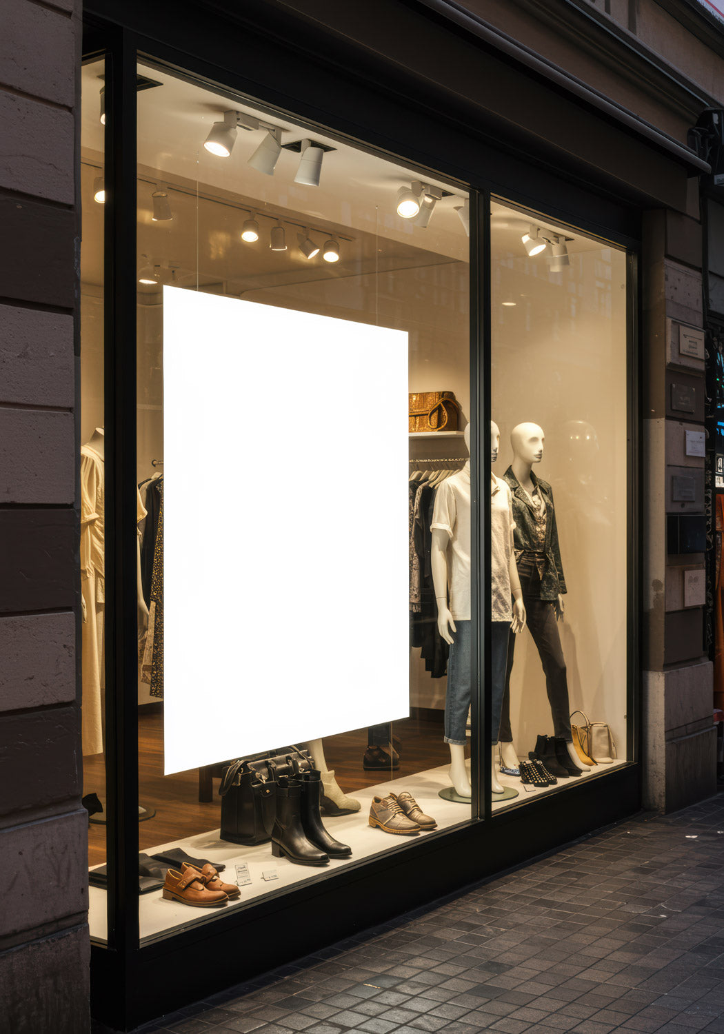 Fashionable mannequins and shoes in boutique window display