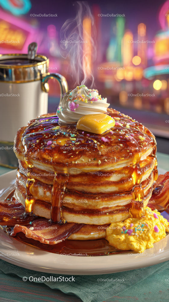 Stack of Fluffy Pancakes with Syrup and Bacon for Breakfast or Brunch