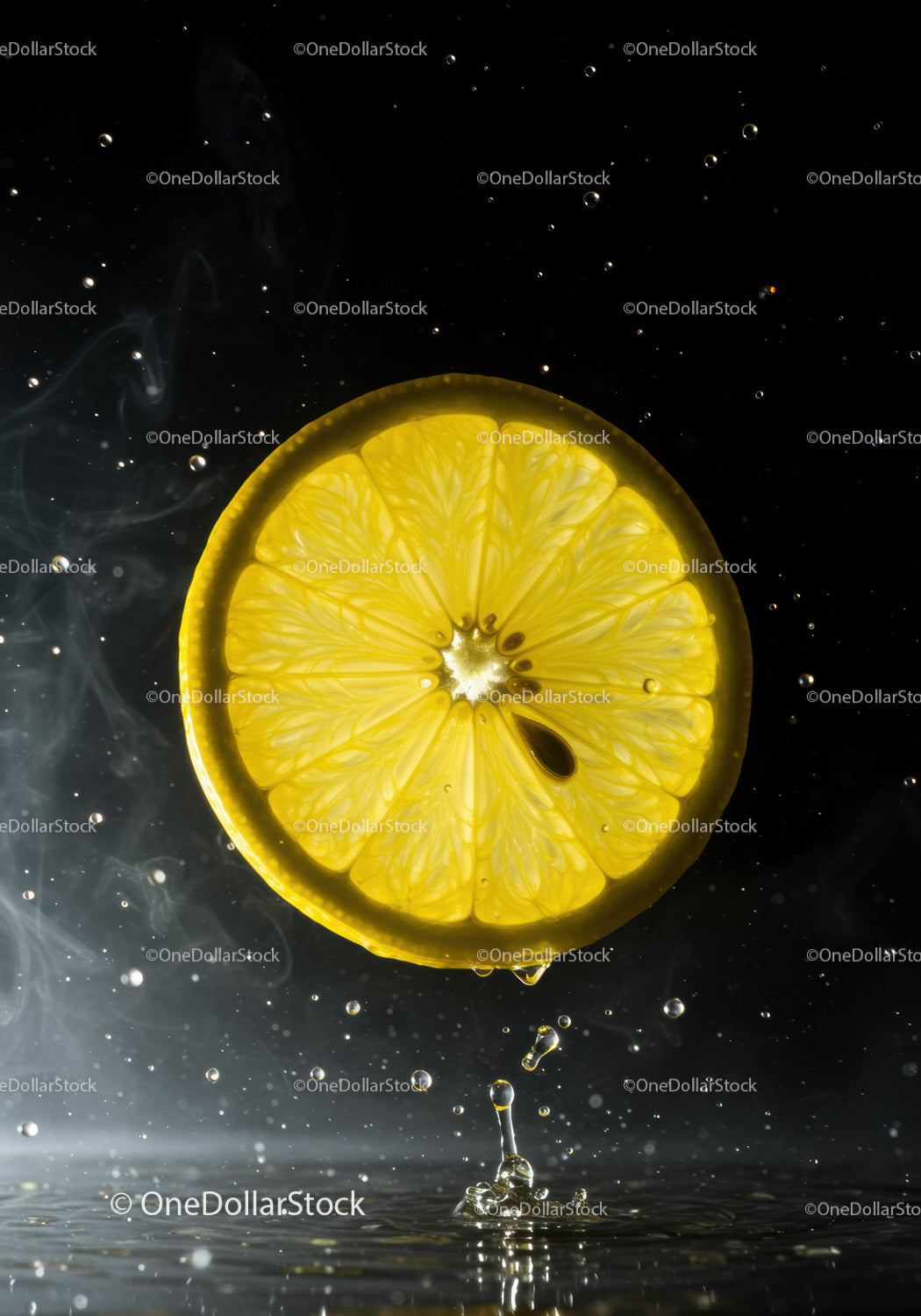 Fresh lemon slice splashing into clear liquid