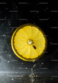 Fresh lemon slice splashing into clear liquid