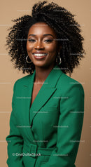 Confident Black Woman in Green Blazer Portrait with Curly Hair