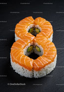Fresh salmon sushi rolls shaped as number eight