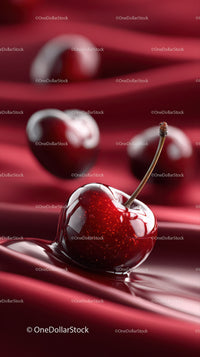 Close-Up of Glazed Cherry with Sweet Syrup on Red Satin