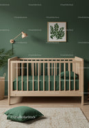 Modern Green Nursery Room with Wooden Crib and Botanical Decor