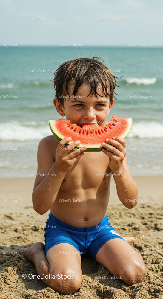 Happy Boy Eating Watermelon on Beach During Summer Vacation